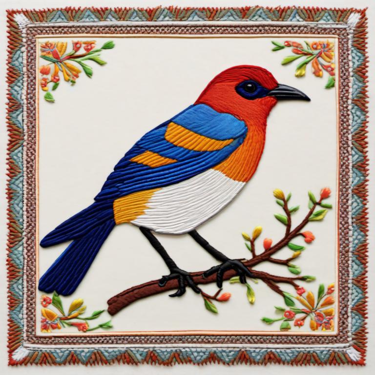 Embroidery Art,Embroidery Art, Animal, bird, no humans, bird, animal focus, framed, traditional media, flower