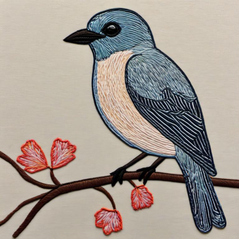 Embroidery Art,Embroidery Art, Animal, bird, no humans, bird, animal focus, traditional media, branch, flower