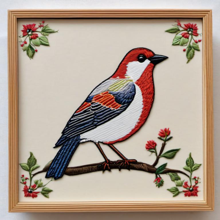 Embroidery Art,Embroidery Art, Animal, bird, no humans, bird, flower, animal focus, framed, branch, border