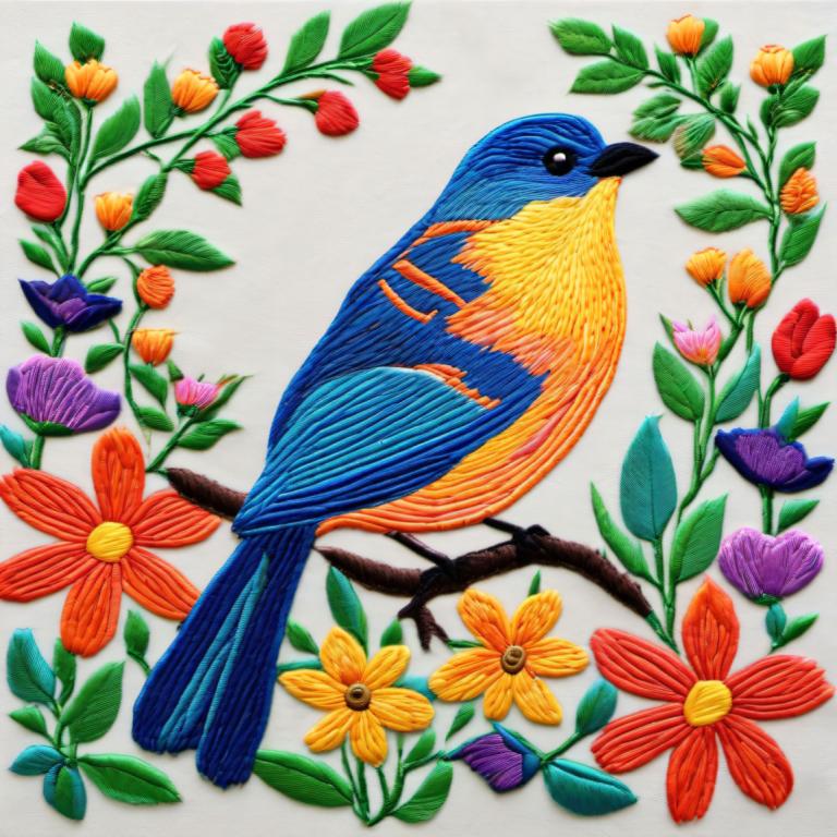 Embroidery Art,Embroidery Art, Animal, bird, no humans, bird, flower, animal focus, white background