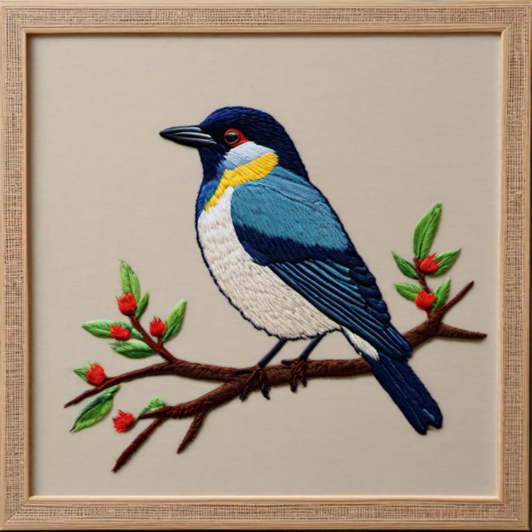 Embroidery Art,Embroidery Art, Animal, bird, no humans, bird, animal focus, framed, branch, border, flower