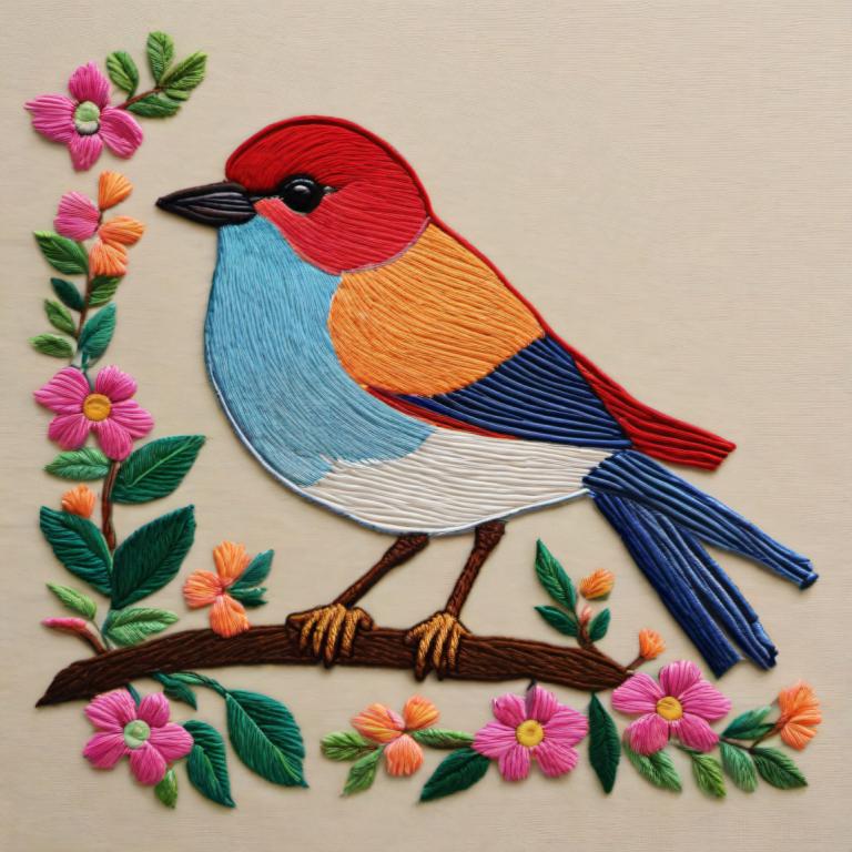 Embroidery Art,Embroidery Art, Animal, bird, no humans, bird, animal focus, flower, pink flower