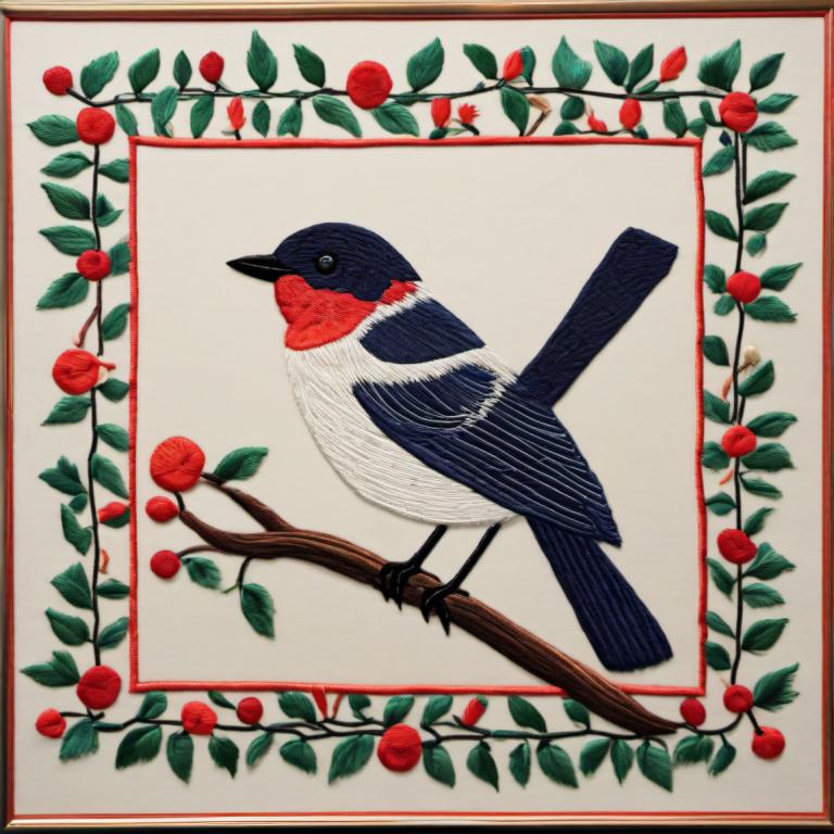 Embroidery Art,Embroidery Art, Animal, bird, no humans, bird, border, branch, animal focus, framed