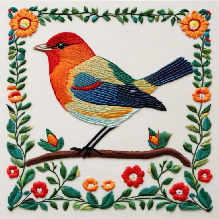 Embroidery Art,Embroidery Art, Animal, bird, no humans, bird, animal focus, flower, white background