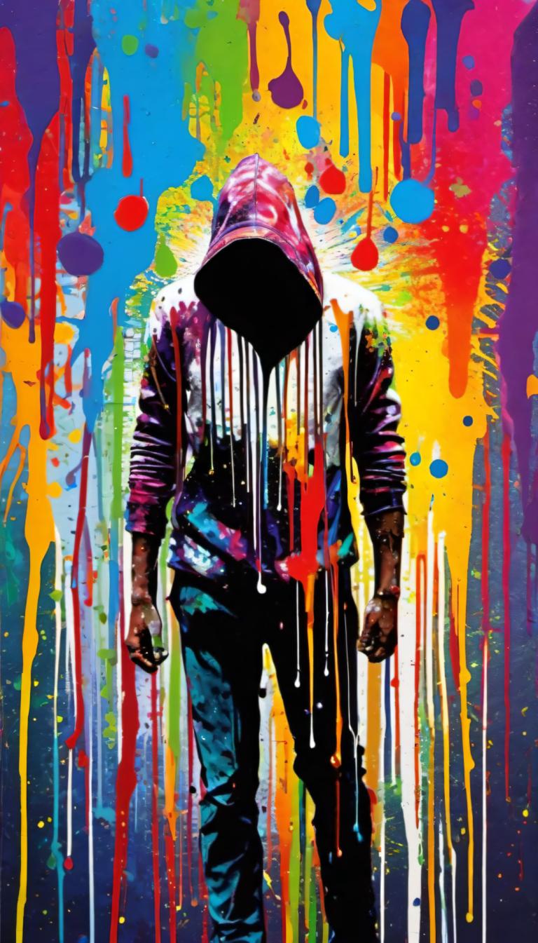 Spray Painting,Spray Painting, People, man, 1boy, solo, male focus, colorful, multicolored background, pants