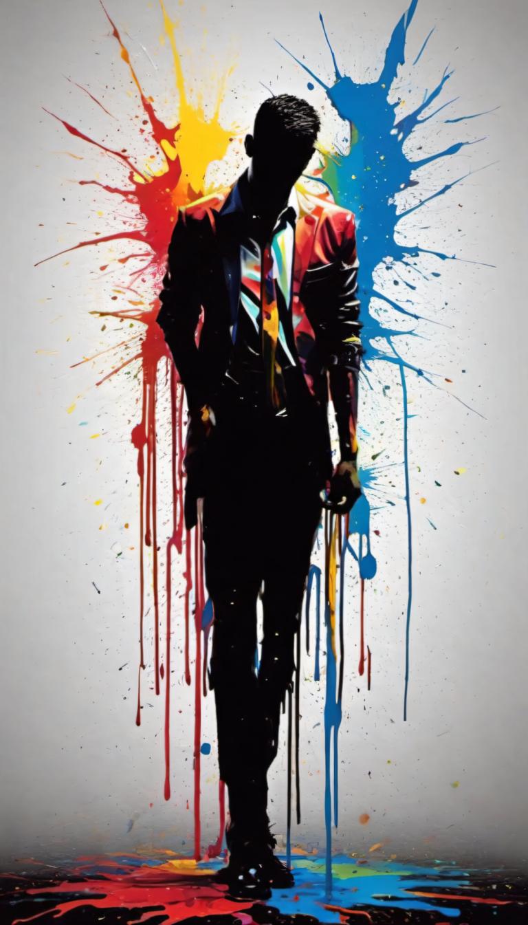 Spray Painting,Spray Painting, People, man, 1boy, paint splatter, solo, male focus, necktie, formal, splatter