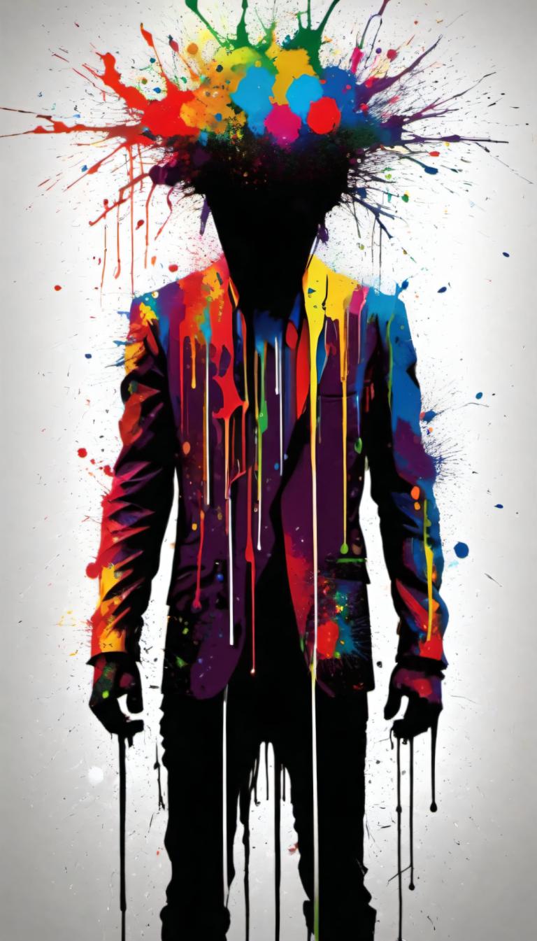 Spray Painting,Spray Painting, People, man, paint splatter, solo, 1boy, necktie, colorful, male focus, shirt