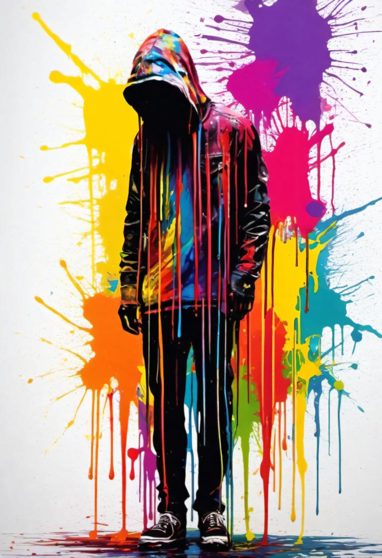 Spray Painting,Spray Painting, People, man, solo, paint splatter, 1boy, male focus, hood, colorful, shoes