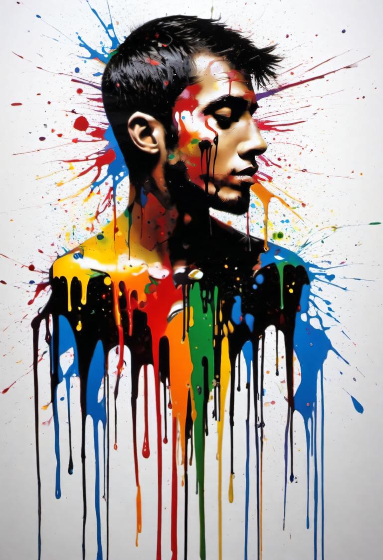 Spray Painting,Spray Painting, People, man, 1boy, male focus, solo, black hair, paint splatter, profile