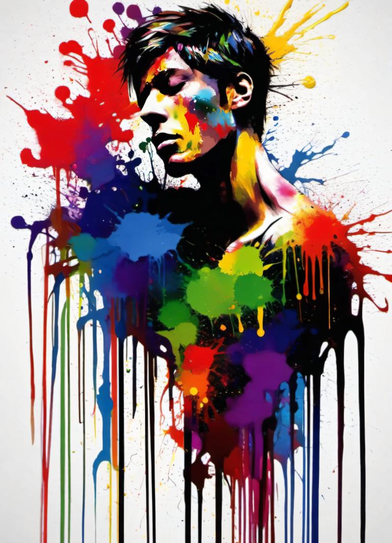 Spray Painting,Spray Painting, People, man, 1boy, male focus, paint splatter, solo, black hair, abstract