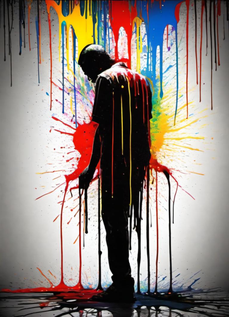 Spray Painting,Spray Painting, People, man, 1boy, solo, male focus, paint splatter, black hair, abstract