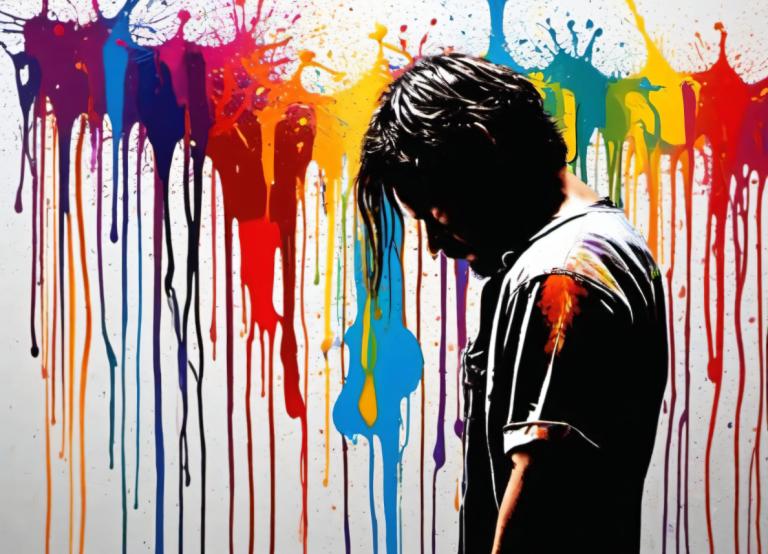 Spray Painting,Spray Painting, People, man, solo, paint splatter, 1boy, male focus, shirt, black hair, paint