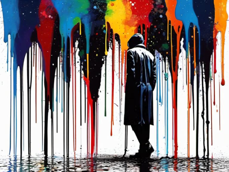 Spray Painting,Spray Painting, People, man, male focus, 1boy, coat, colorful, paint splatter, standing