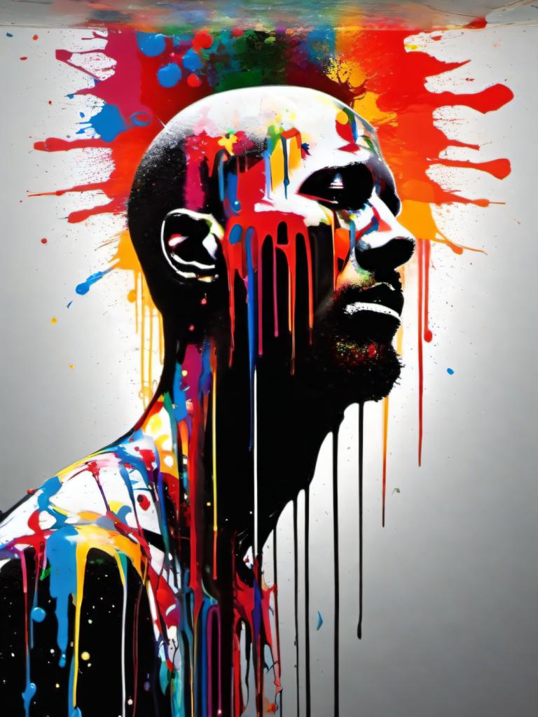 Spray Painting,Spray Painting, People, man, solo, abstract, paint splatter, male focus, smile, 1boy, colorful