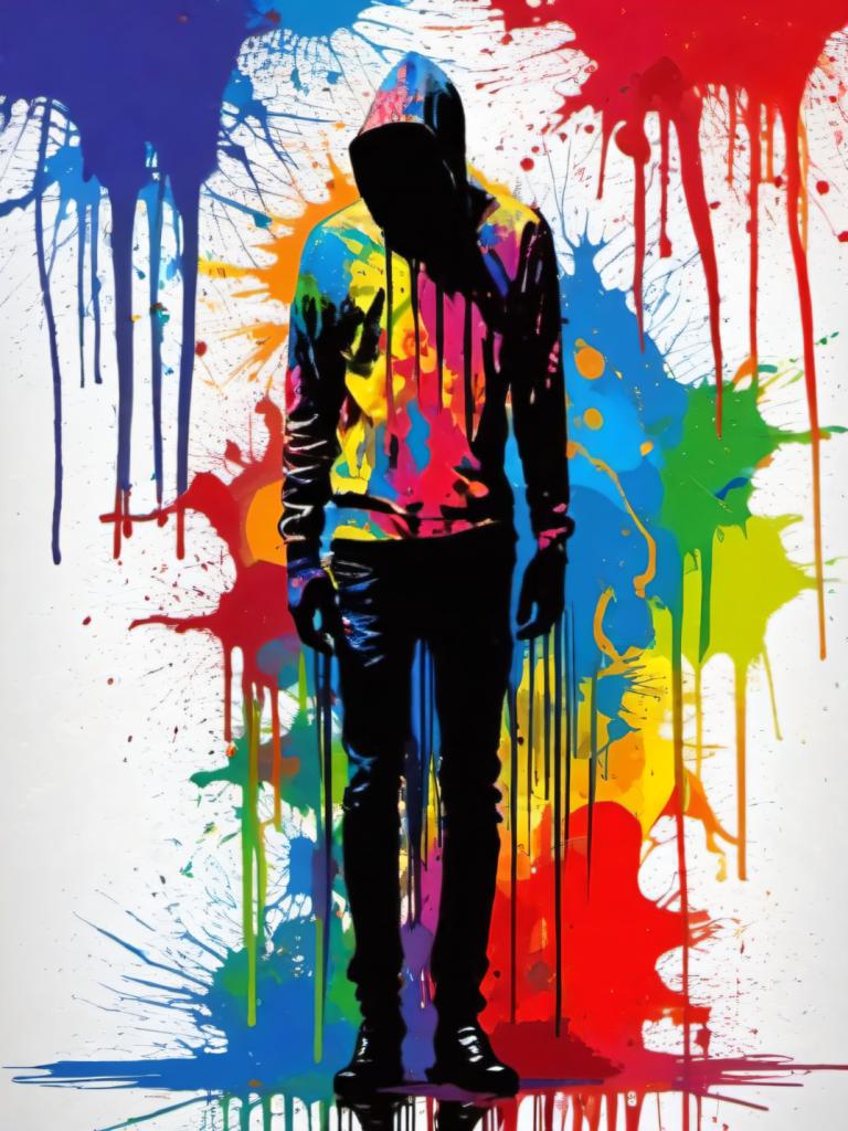 Spray Painting,Spray Painting, People, man, paint splatter, 1boy, solo, male focus, hood, colorful, pants