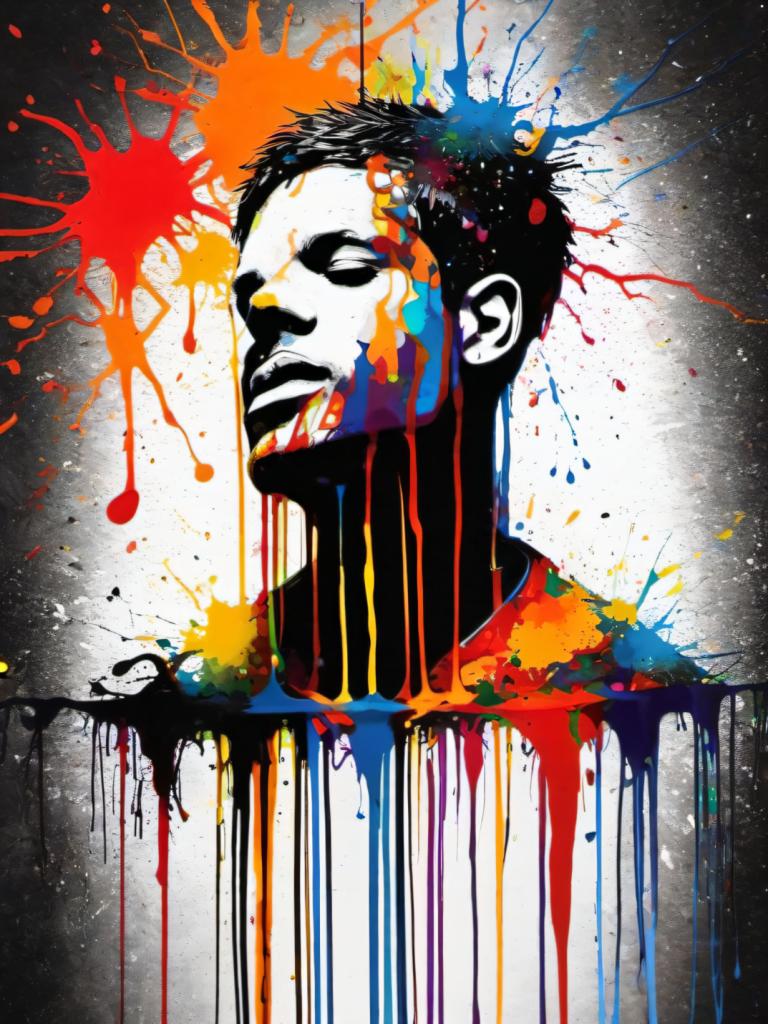 Spray Painting,Spray Painting, People, man, solo, paint splatter, abstract, black hair, male focus, 1boy