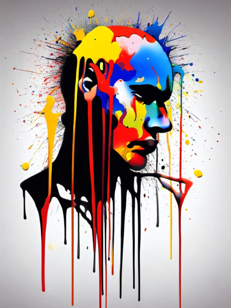 Spray Painting,Spray Painting, People, man, paint splatter, solo, paint, abstract, blue hair, ink, paintbrush