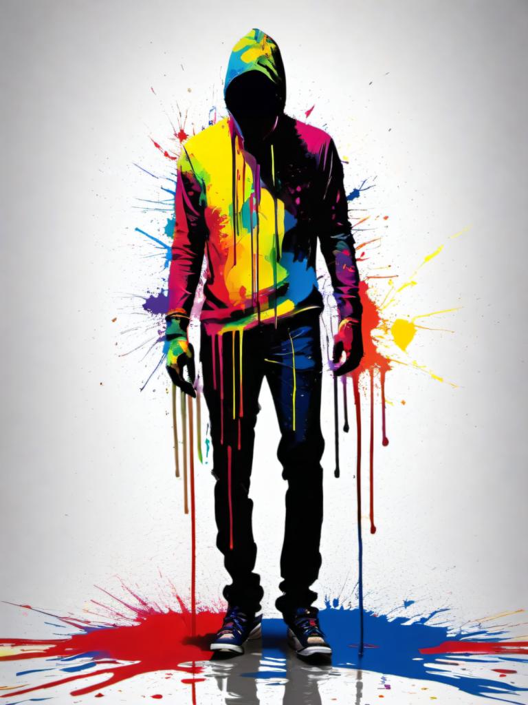 Spray Painting,Spray Painting, People, man, paint splatter, 1boy, solo, male focus, hood, shoes, colorful