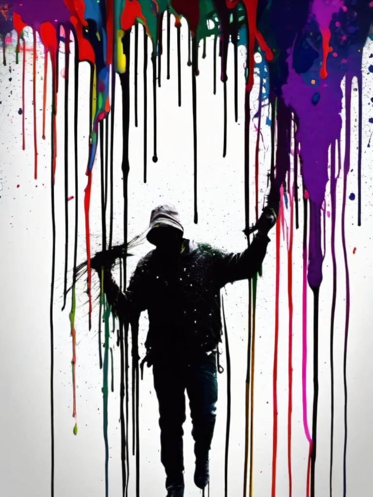 Spray Painting,Spray Painting, People, man, solo, 1boy, male focus, paint splatter, pants, colorful, paint