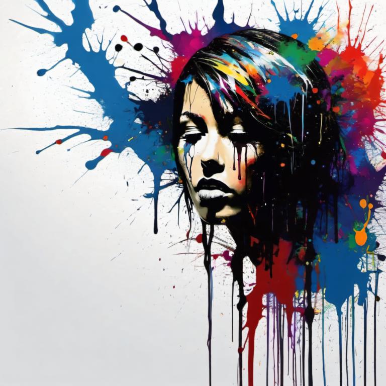 Spray Painting,Spray Painting, People, woman, solo, paint splatter, abstract, paint, black hair, male focus