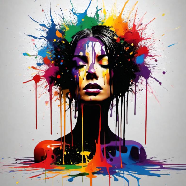 Spray Painting,Spray Painting, People, woman, solo, paint splatter, 1girl, black hair, paint, makeup