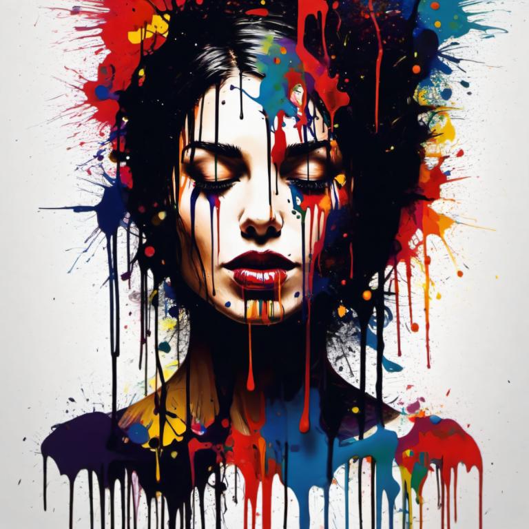 Spray Painting,Spray Painting, People, woman, solo, paint splatter, 1girl, black hair, makeup, abstract