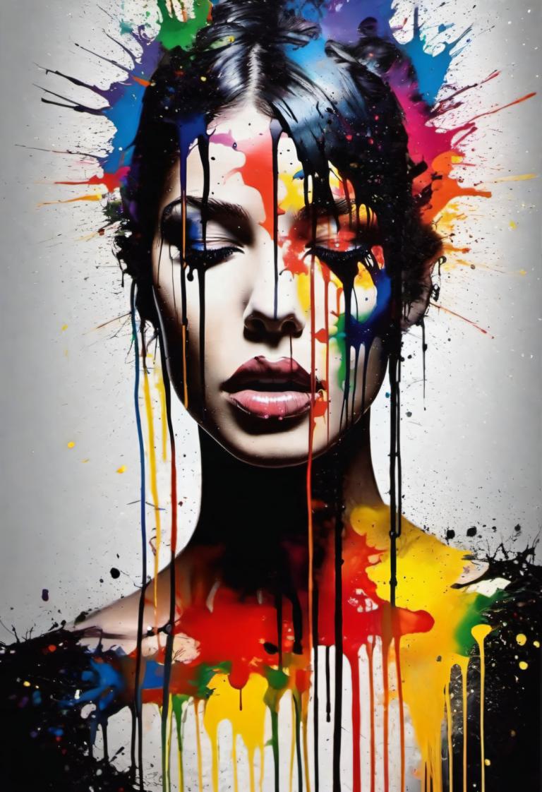 Spray Painting,Spray Painting, People, woman, paint splatter, 1girl, solo, blue eyes, black hair, paint