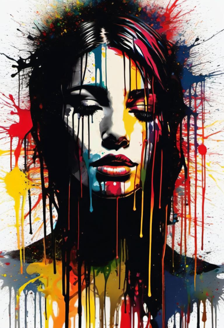 Spray Painting,Spray Painting, People, woman, solo, 1girl, black hair, paint splatter, looking at viewer