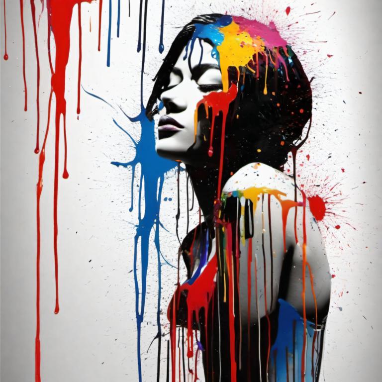 Spray Painting,Spray Painting, People, woman, 1girl, solo, paint splatter, black hair, paint, closed eyes