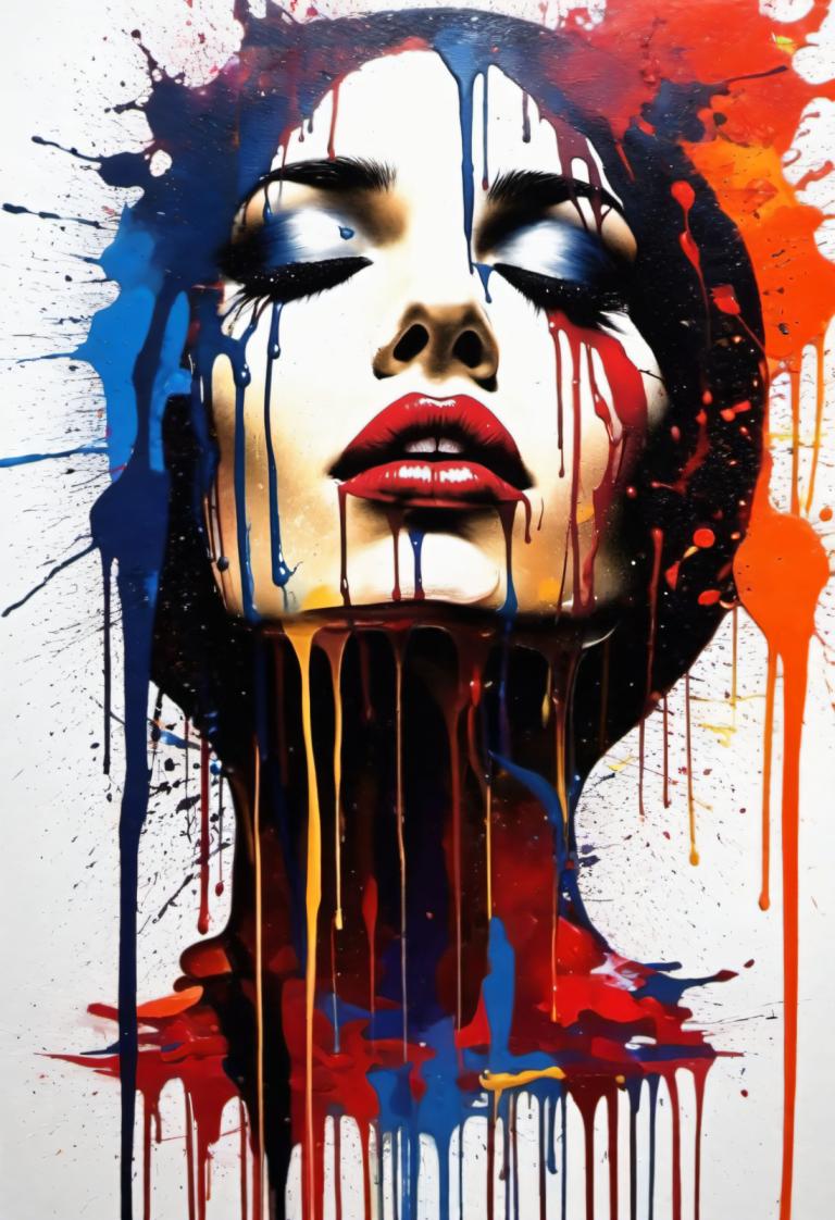 Spray Painting,Spray Painting, People, woman, solo, paint splatter, makeup, male focus, red lips, paint, 1boy