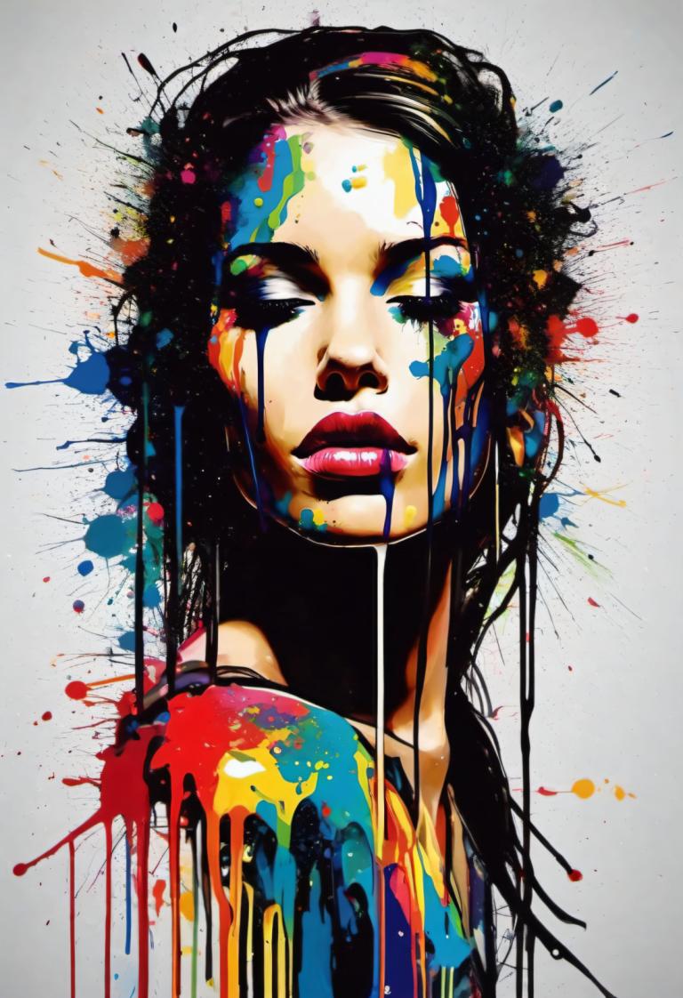 Spray Painting,Spray Painting, People, woman, 1girl, solo, paint splatter, black hair, paint, long hair