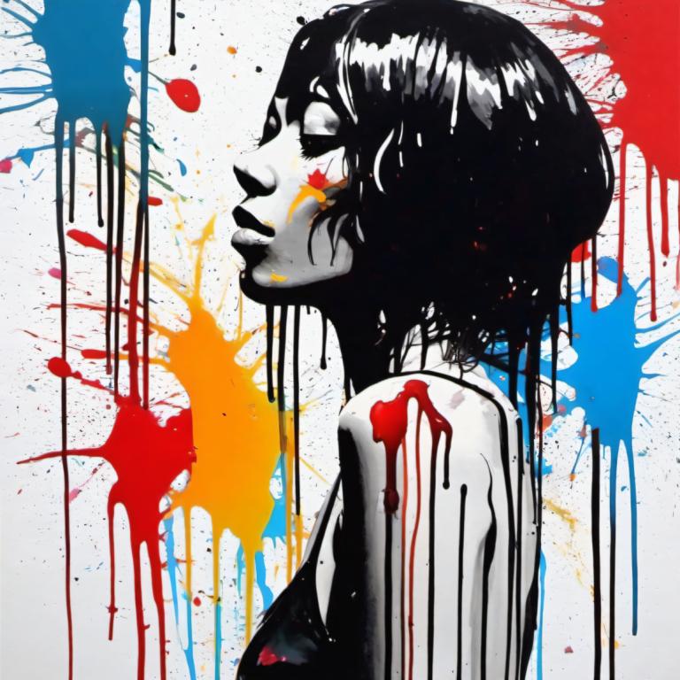 Spray Painting,Spray Painting, People, woman, 1girl, paint splatter, solo, paint, short hair, black hair