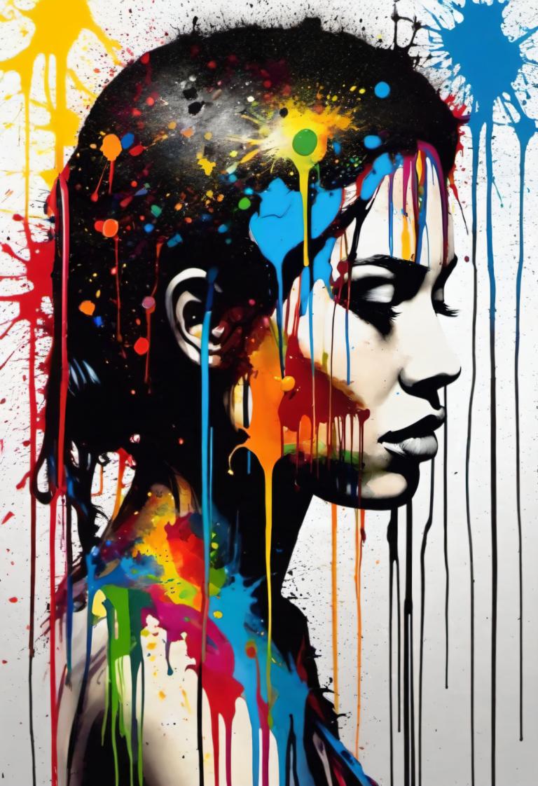 Spray Painting,Spray Painting, People, woman, solo, 1girl, paint splatter, abstract, profile, black hair