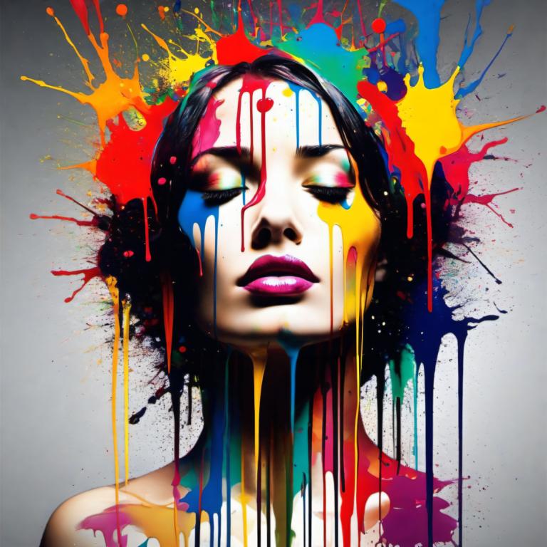 Spray Painting,Spray Painting, People, woman, 1girl, paint splatter, solo, paint, black hair, makeup