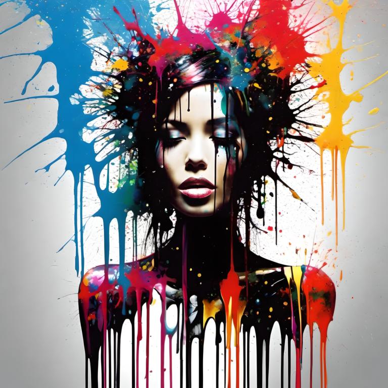 Spray Painting,Spray Painting, People, woman, solo, 1girl, paint splatter, black hair, abstract