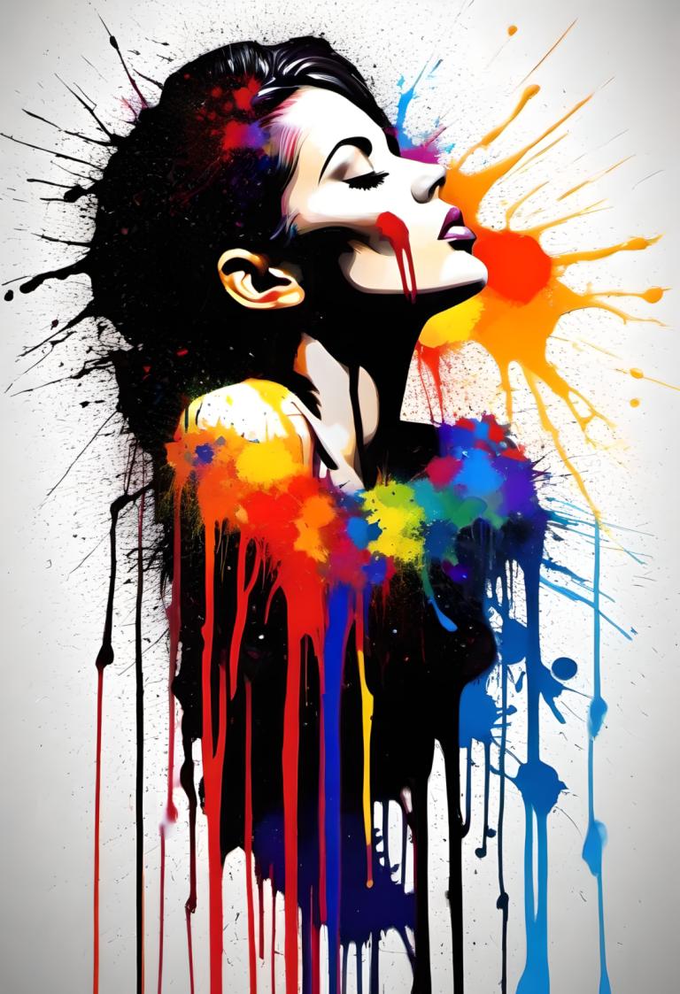 Spray Painting,Spray Painting, People, woman, 1girl, solo, paint splatter, black hair, closed eyes, paint