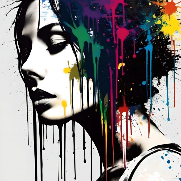 Spray Painting,Spray Painting, People, woman, solo, paint splatter, 1girl, paint, abstract, black hair