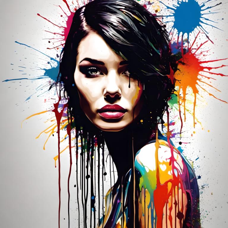 Spray Painting,Spray Painting, People, woman, 1girl, solo, black hair, paint splatter, lips, makeup