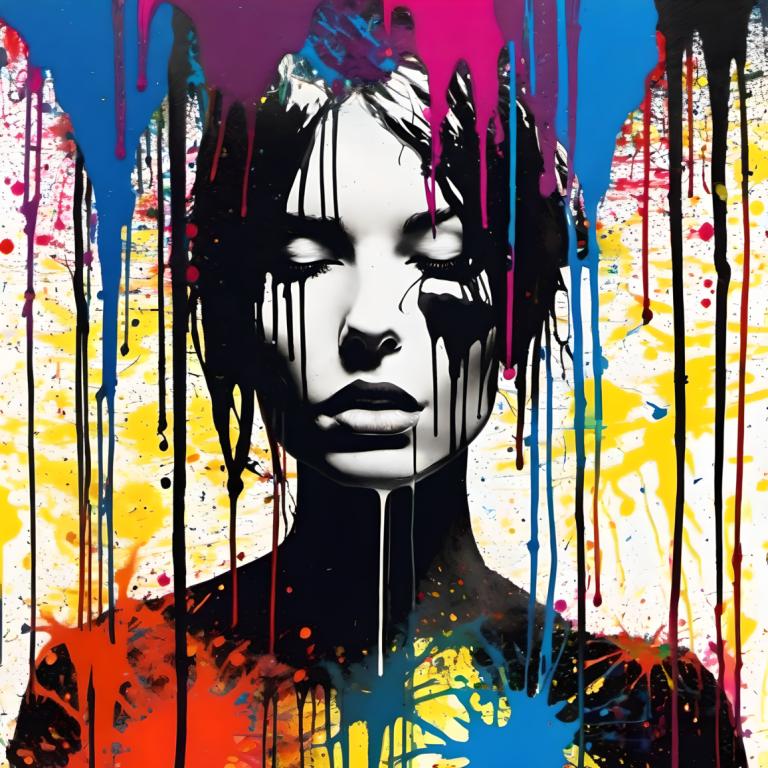 Spray Painting,Spray Painting, People, woman, paint splatter, solo, abstract, paint, 1girl, black hair