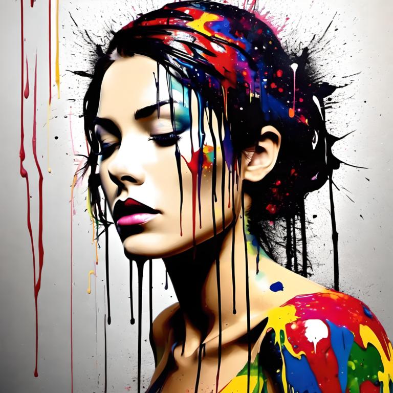 Spray Painting,Spray Painting, People, woman, solo, 1girl, paint splatter, paint, black hair, makeup, lips