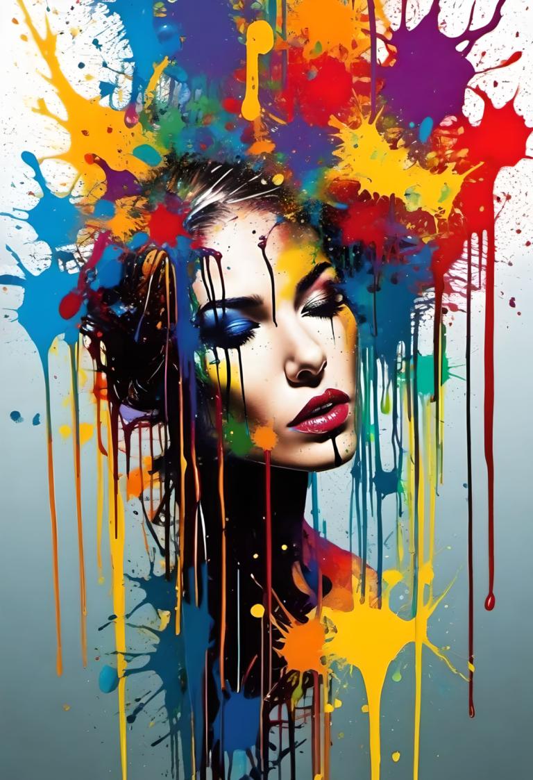 Spray Painting,Spray Painting, People, woman, 1girl, solo, paint splatter, makeup, blue eyes, red lips