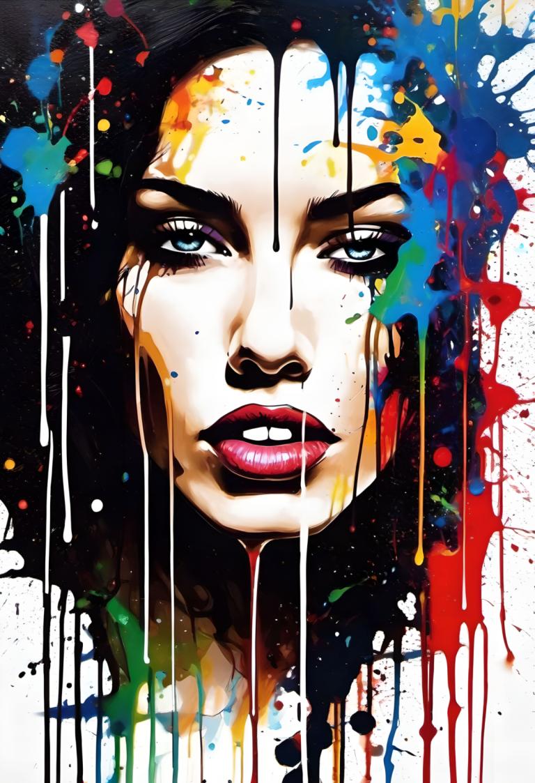 Spray Painting,Spray Painting, People, woman, 1girl, paint splatter, black hair, solo, makeup, blue eyes