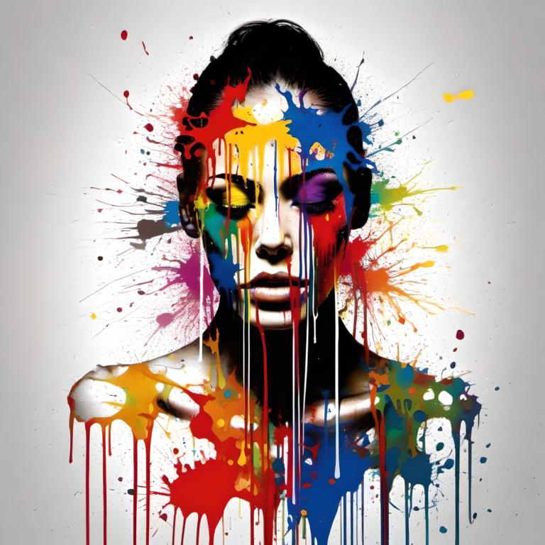 Spray Painting,Spray Painting, People, woman, paint splatter, solo, paint, black hair, 1girl, portrait