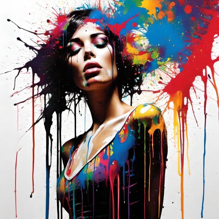 Spray Painting,Spray Painting, People, woman, 1girl, solo, black hair, paint splatter, upper body, abstract