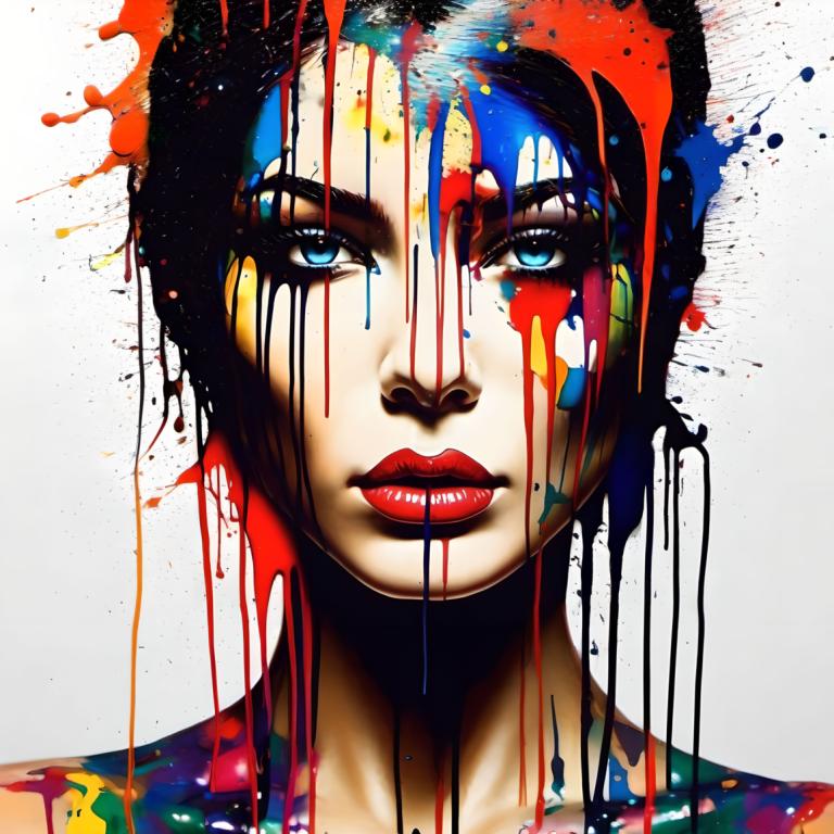 Spray Painting,Spray Painting, People, woman, solo, 1girl, blue eyes, paint splatter, makeup, portrait