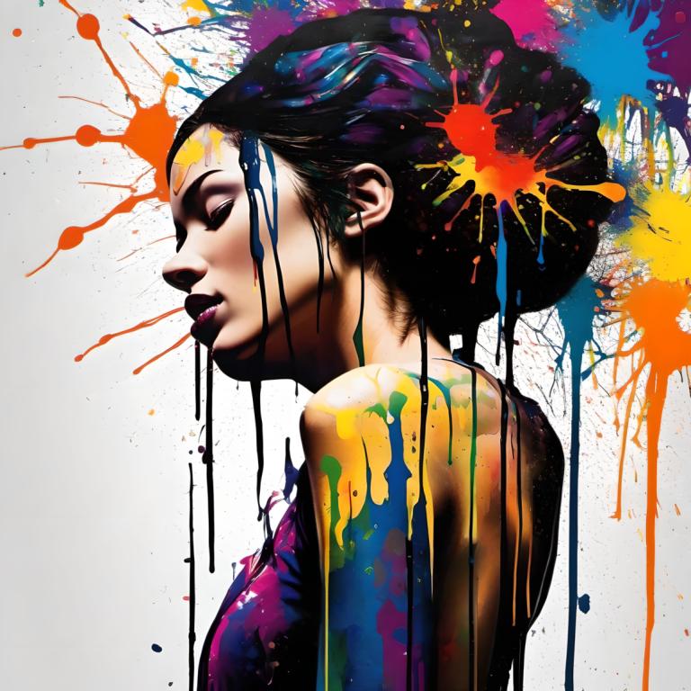 Spray Painting,Spray Painting, People, woman, 1girl, paint splatter, solo, paint, makeup, black hair