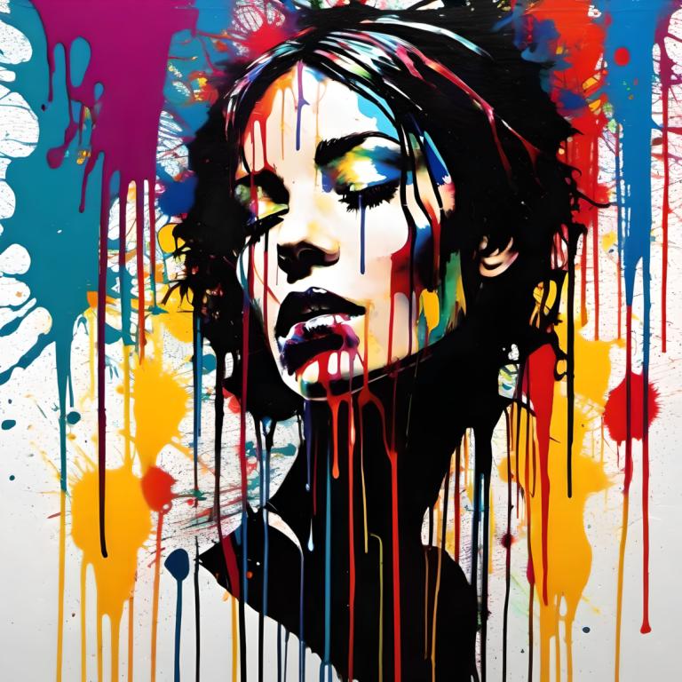 Spray Painting,Spray Painting, People, woman, solo, 1girl, paint splatter, abstract, black hair, colorful