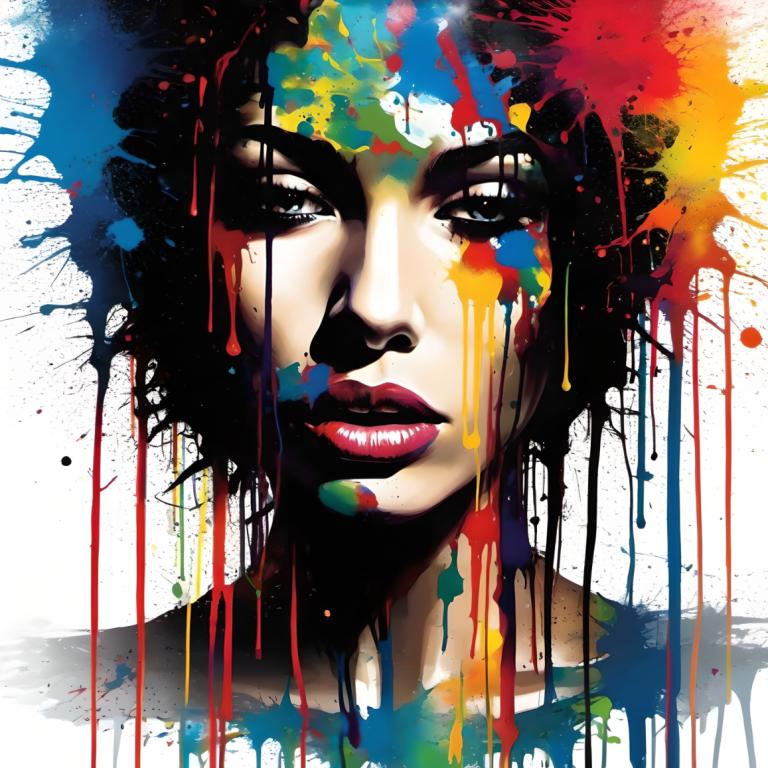 Spray Painting,Spray Painting, People, woman, solo, 1girl, paint splatter, makeup, portrait, black hair