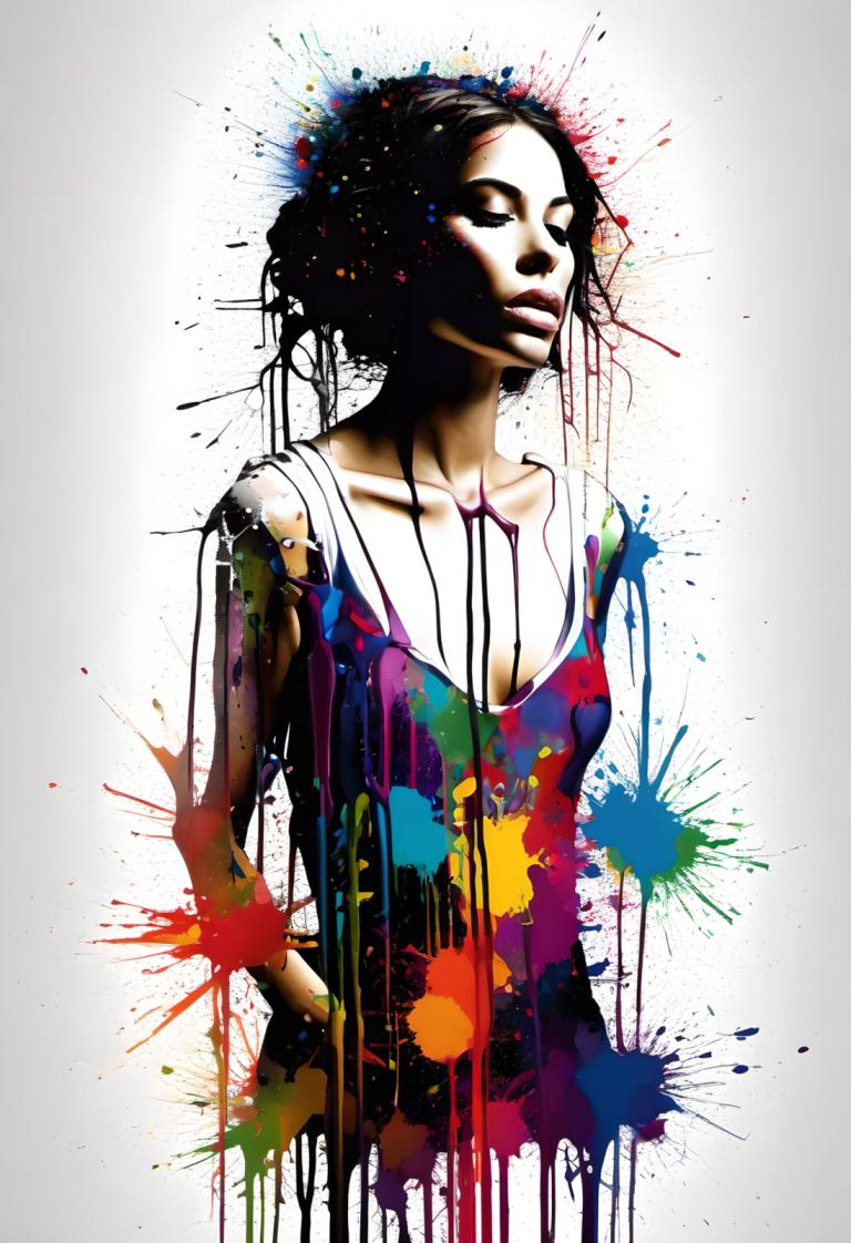 Spray Painting,Spray Painting, People, woman, 1girl, solo, black hair, paint splatter, paint, abstract