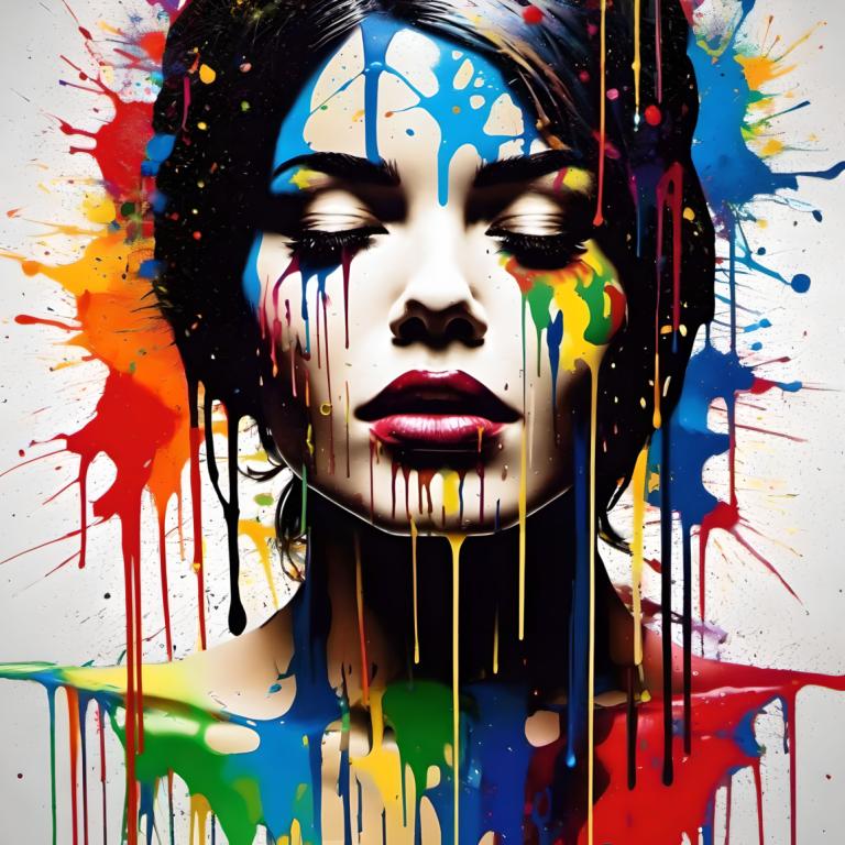 Spray Painting,Spray Painting, People, woman, 1girl, solo, paint splatter, black hair, paint, portrait